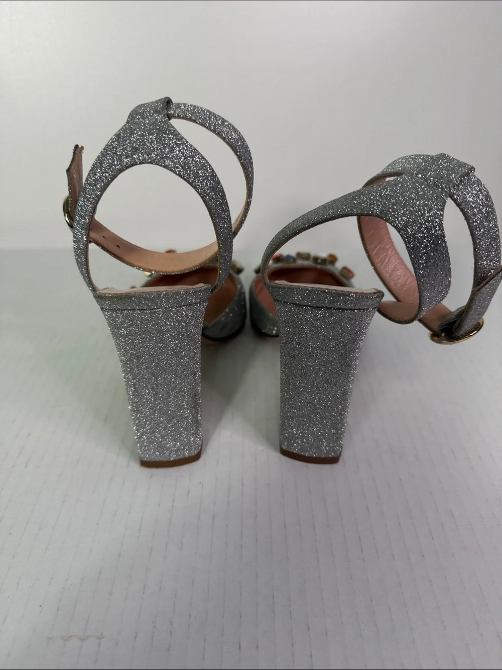 J. Crew Vicky Silver Glitter Jeweled Ankle-Strap Heels size 7.5